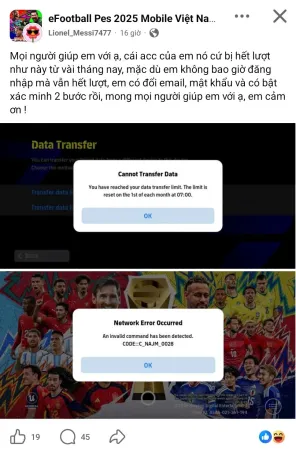 Ví dụ tài khoản eFootball Mobile bị hết lượt Data Transfer do chủ cũ đăng nhập