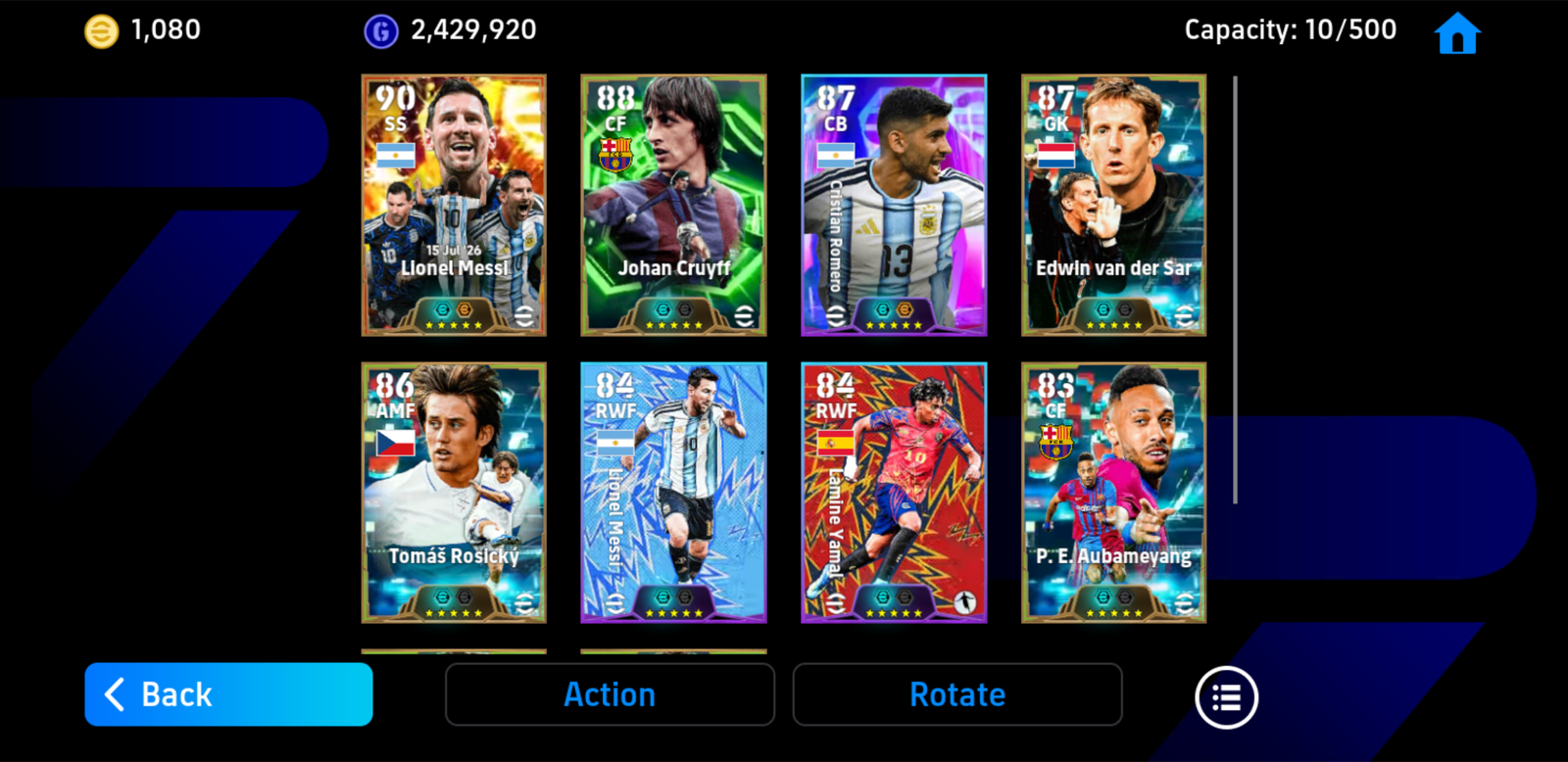 Acc El Pulga [Bigtime *26] + Edwin / Rosicky [Epic *27] +  Johan Cruyff [Epic *26] + Romero [Showtime *26] + Hơn 1080 coin android
